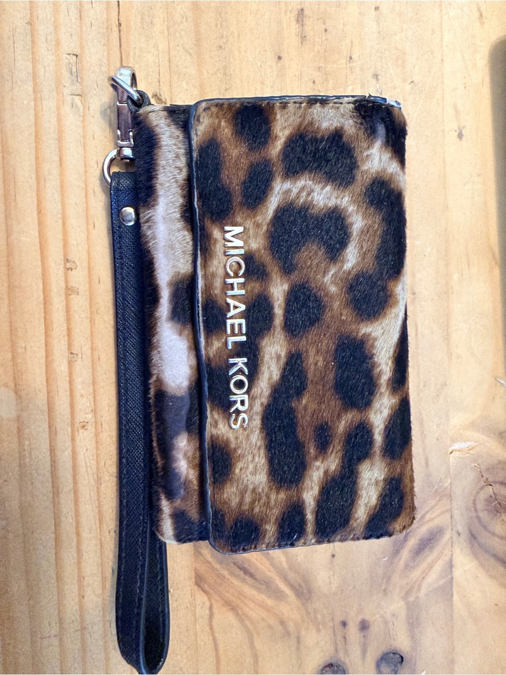 Michael Kors Leopard Print Haircalf Wristlet in Brown and Black